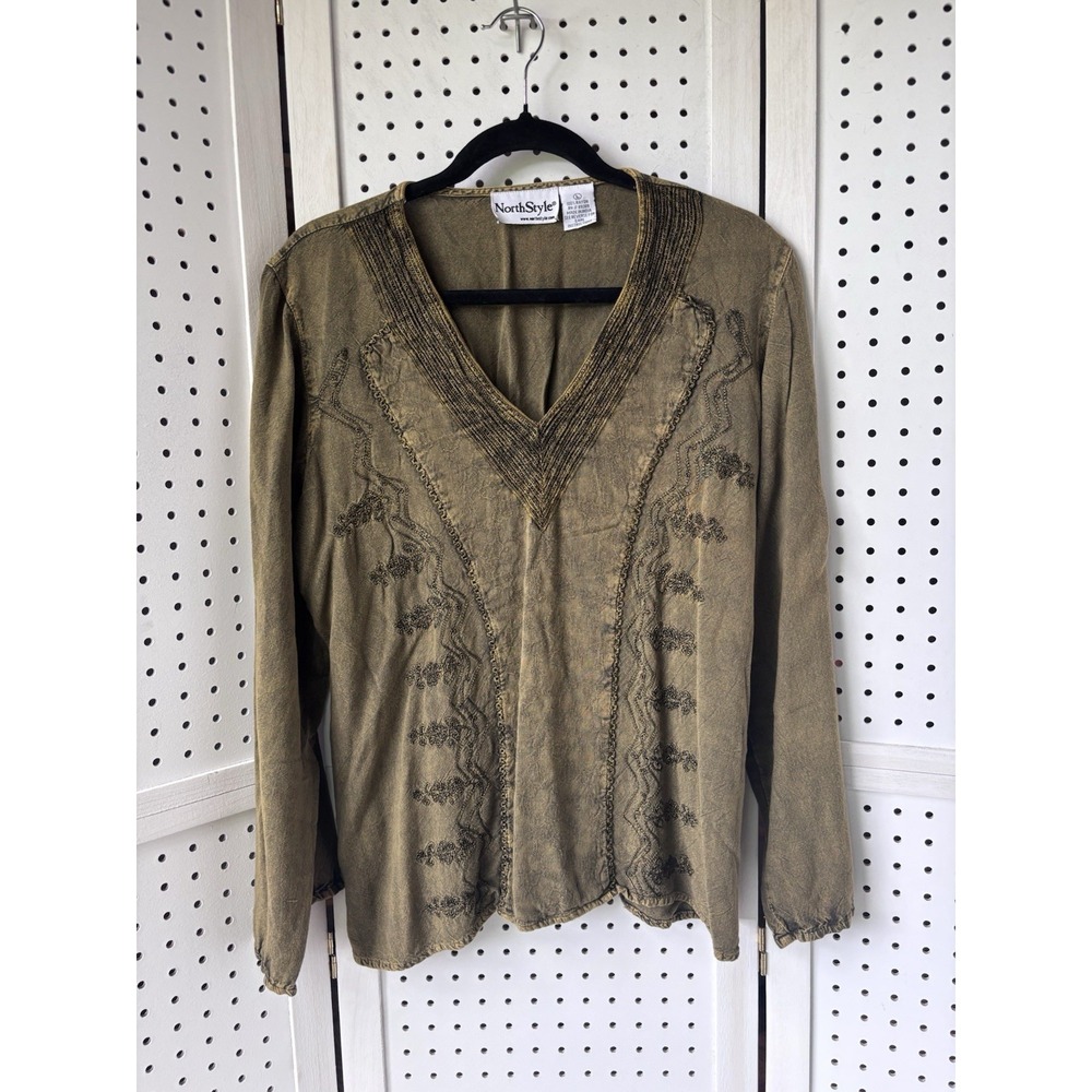 North Style Women's Lg V Neck Rayon Embroidered Blouse Olive Green Boho Long SLV